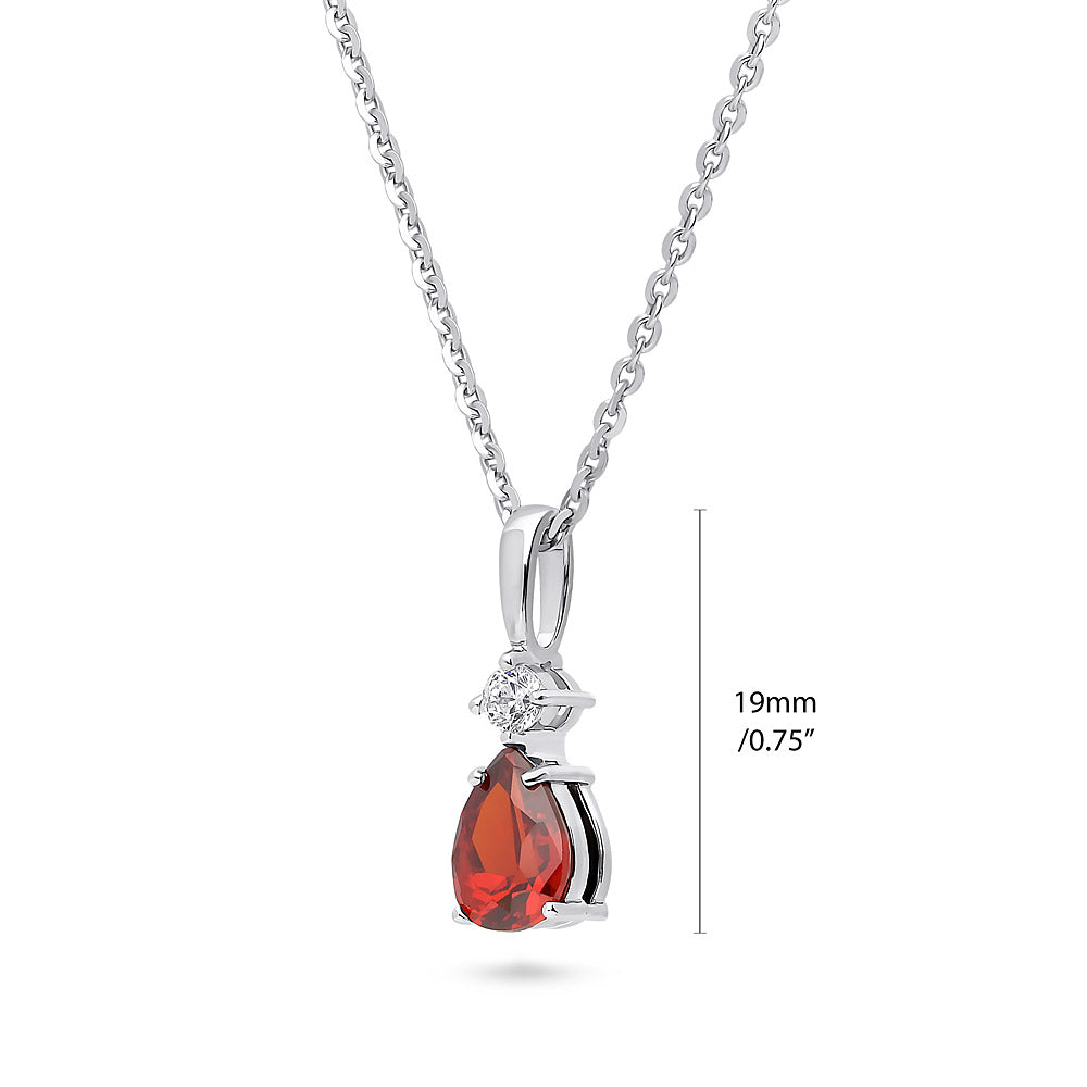 Front view of Solitaire 1ct Pear CZ Necklace in Sterling Silver, Garnet Color