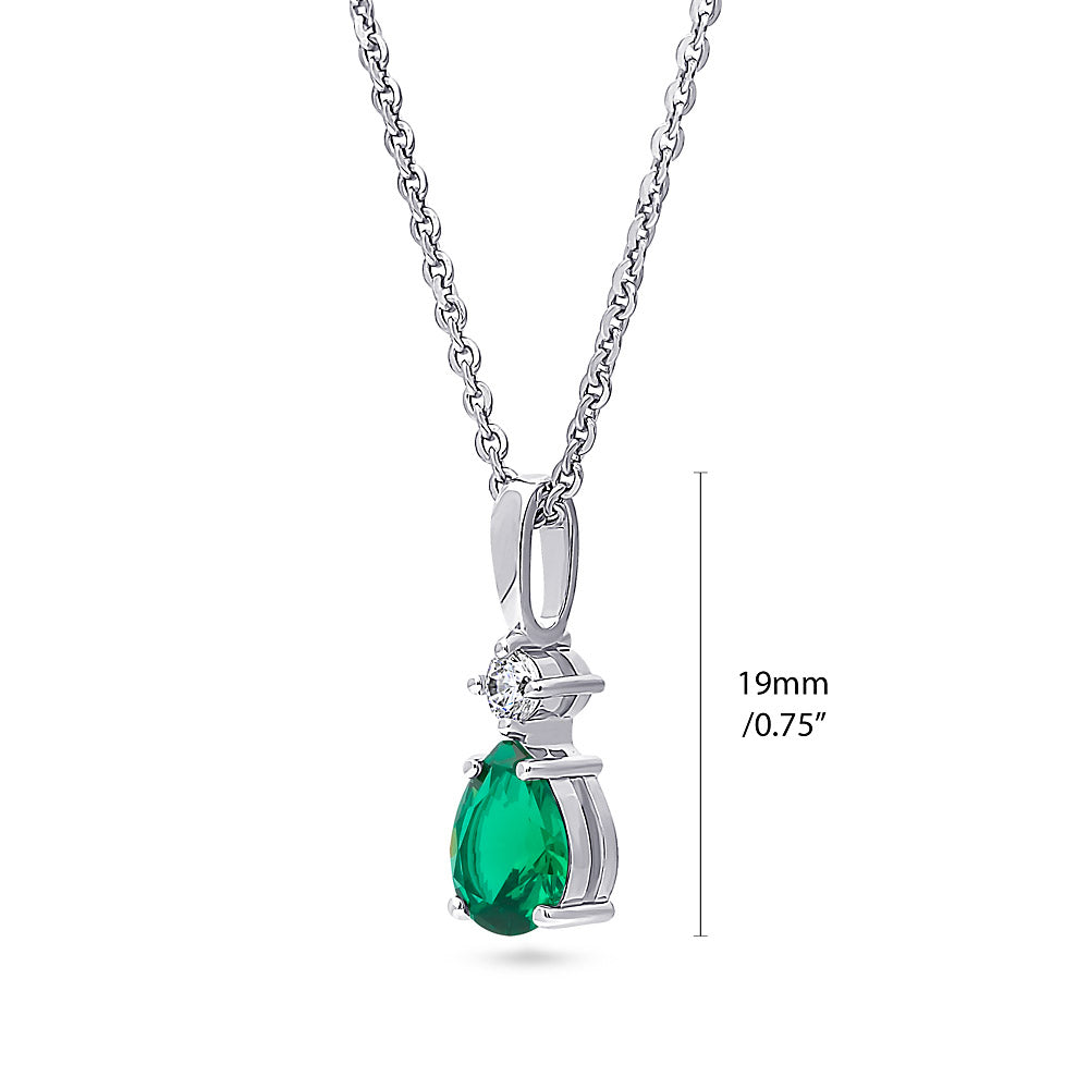 Front view of Solitaire 1ct Pear CZ Necklace in Sterling Silver, Green Color