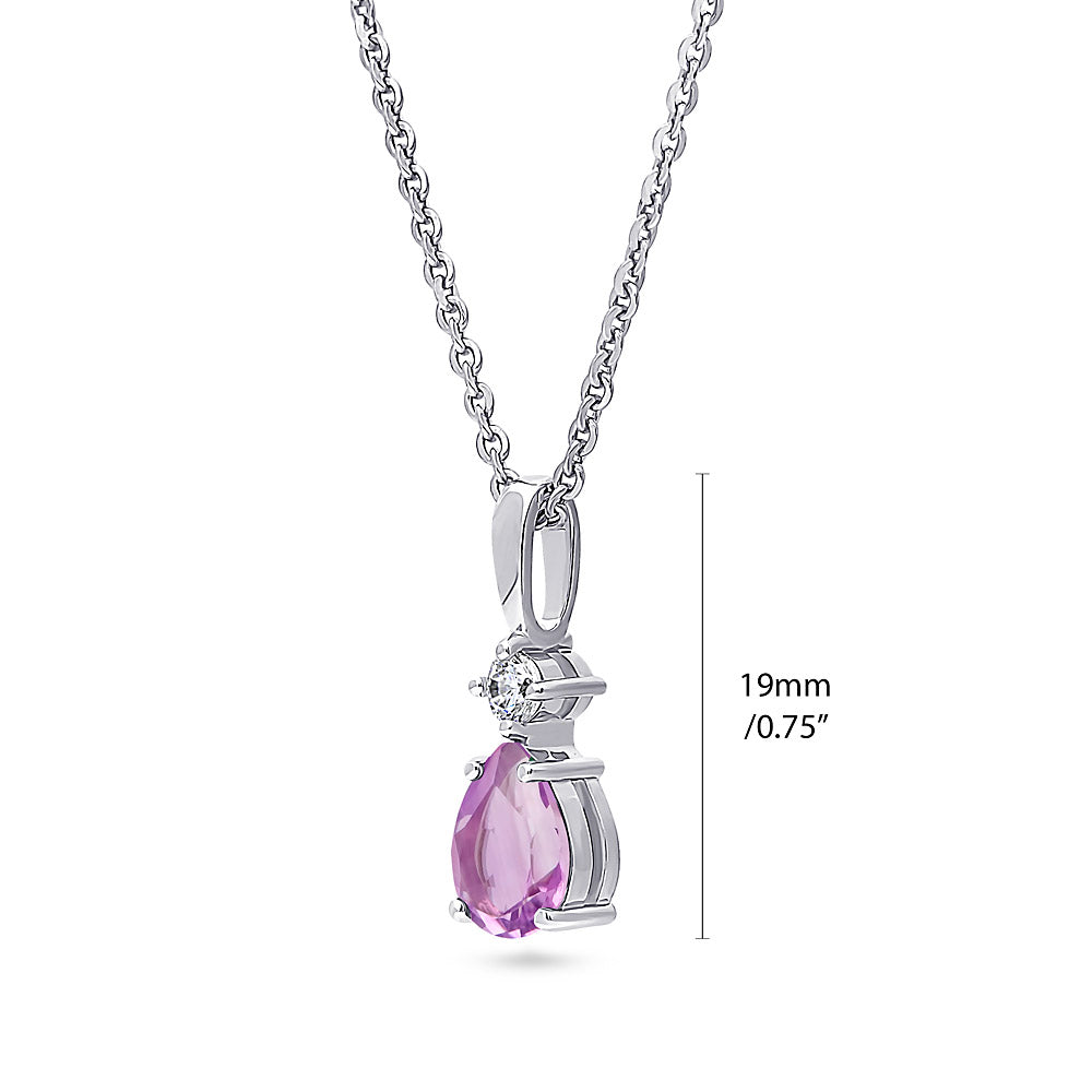 Front view of Solitaire 1ct Pear CZ Necklace in Sterling Silver, Purple Color