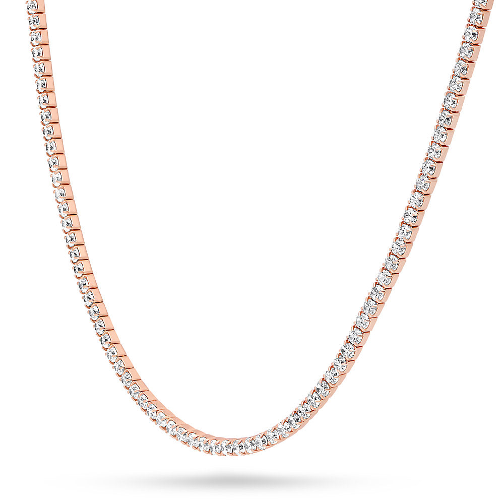 Front view of CZ Tennis Choker Necklace in Sterling Silver, Clear, Rose Gold Flashed