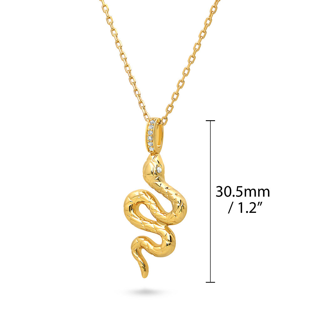 Front view of Snake CZ Pendant Necklace in Sterling Silver, Yellow Gold Flashed