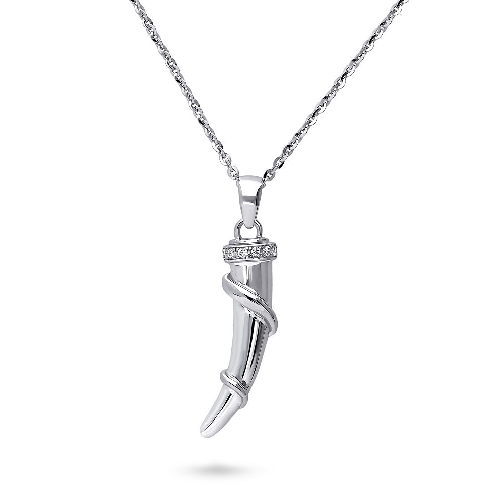 Horn CZ Pendant Necklace in Sterling Silver, Rhodium Plated