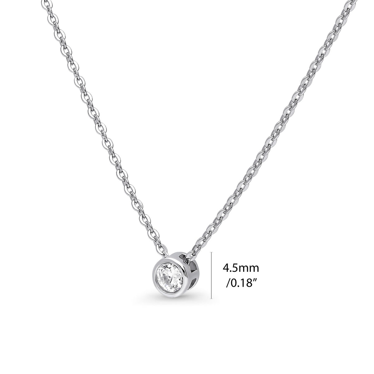 Front view of Solitaire Bezel CZ Necklace in Sterling Silver, Rhodium Plated