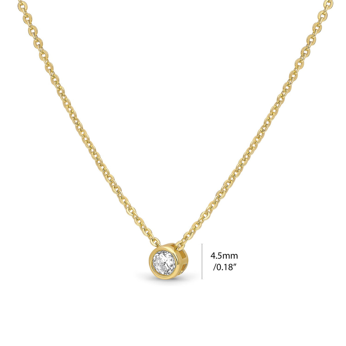 Front view of Solitaire Bezel CZ Necklace in Sterling Silver, Gold Flashed