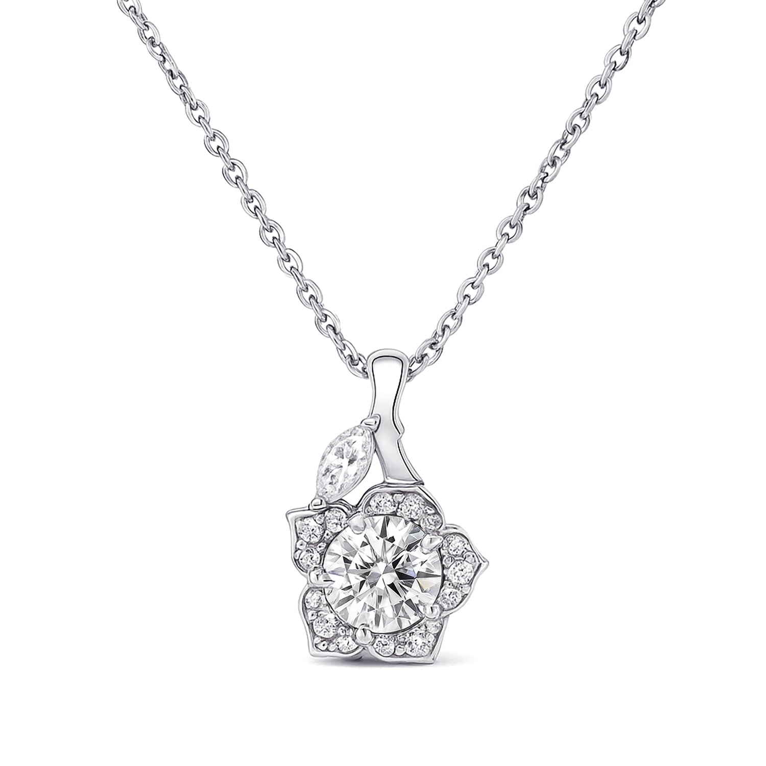 Flower Halo CZ Necklace in Sterling Silver