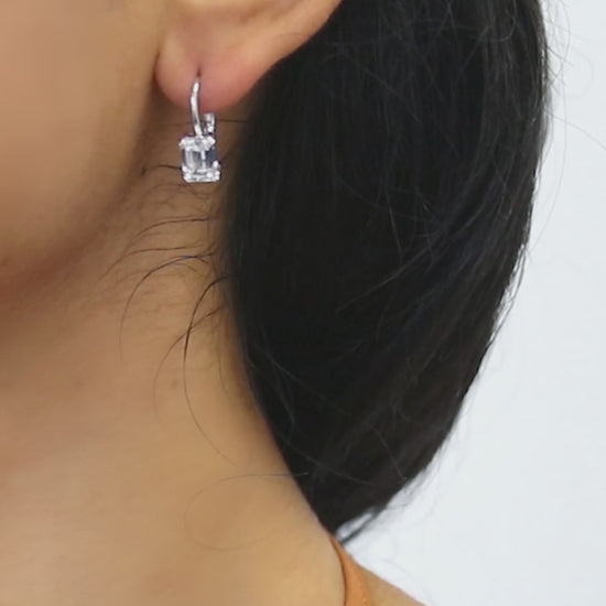 Video Contains Solitaire 2.4ct Emerald Cut CZ Leverback Earrings in Sterling Silver. Style Number E1246
