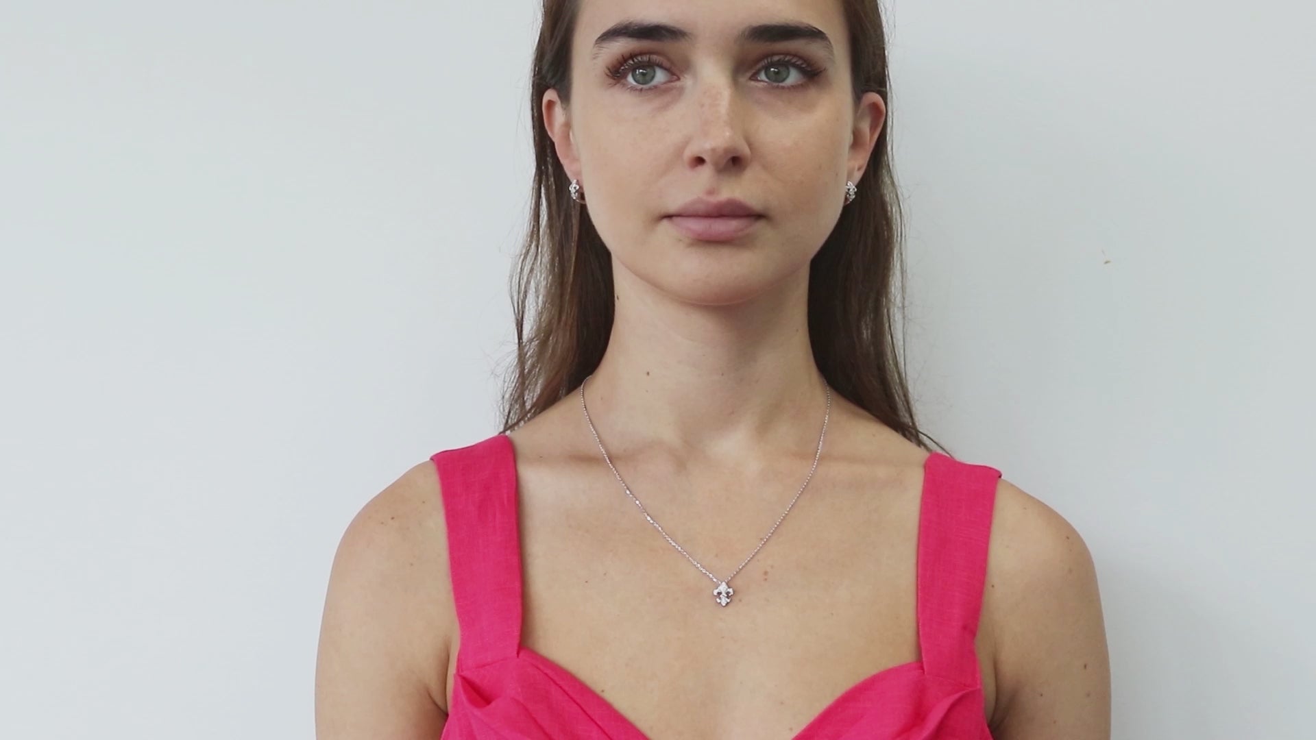 Video Contains Fleur De Lis CZ Necklace and Huggie Earrings Set in Sterling Silver. Style Number VS820-01