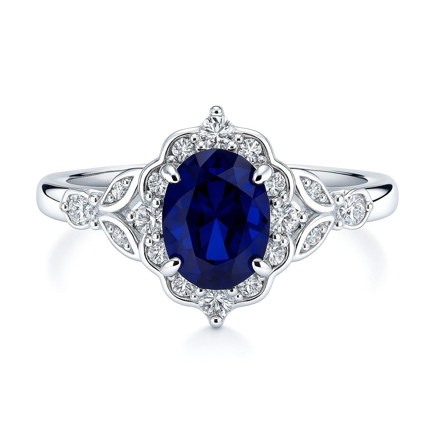 Halo Art Deco Sapphire-Blue Oval CZ Ring in Sterling Silver