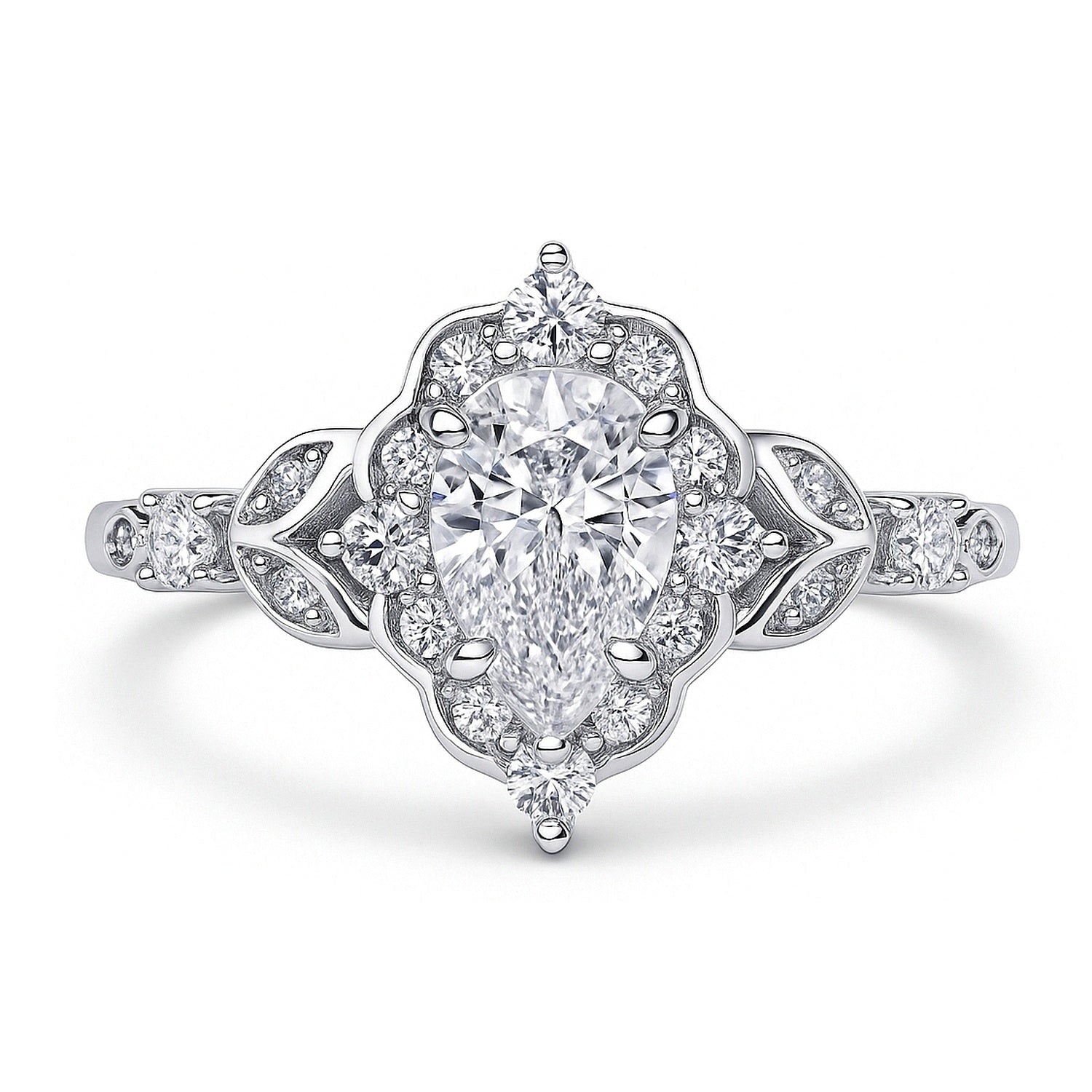 Halo Art Deco Pear CZ Ring in Sterling Silver