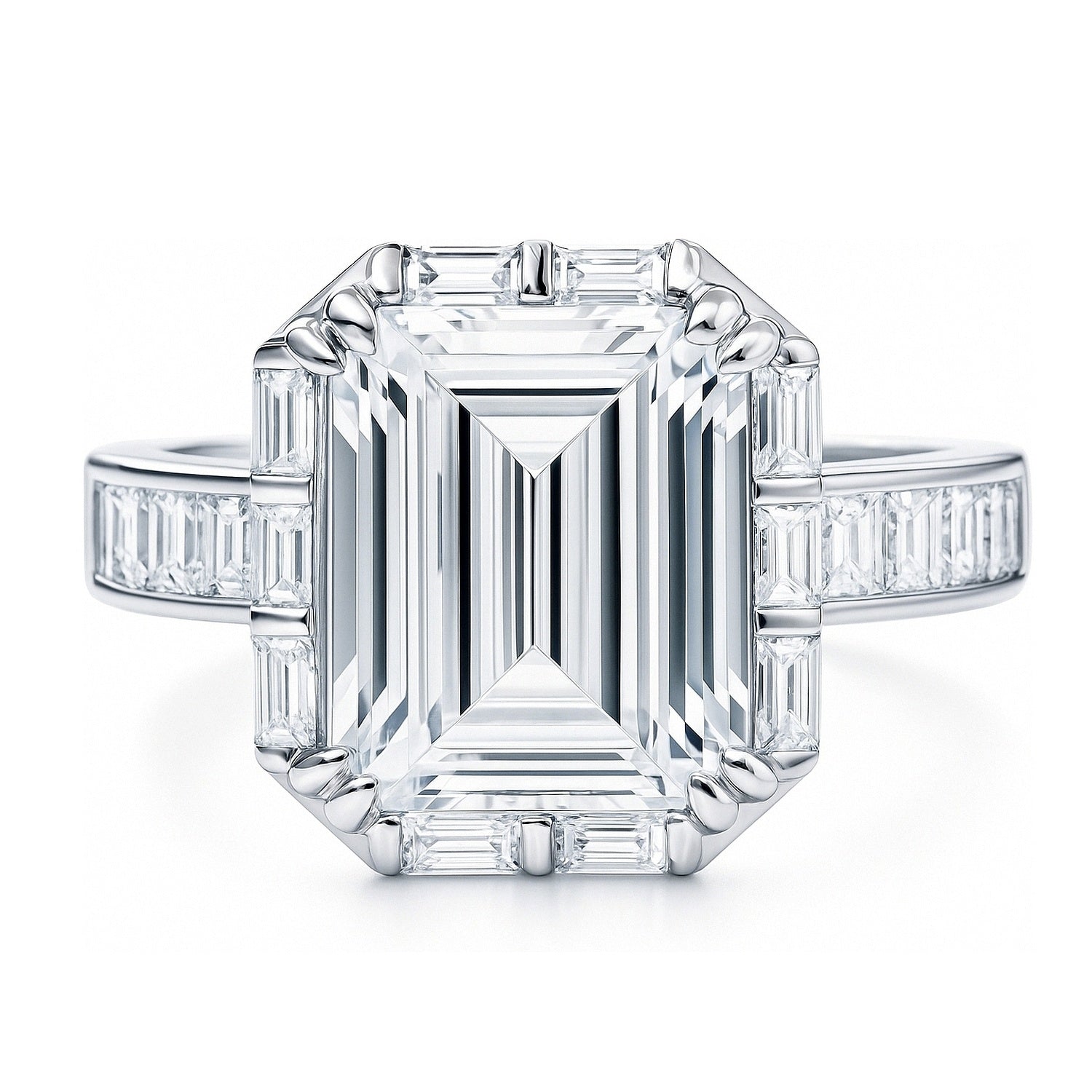 Halo Art Deco Emerald Cut CZ Ring in Sterling Silver
