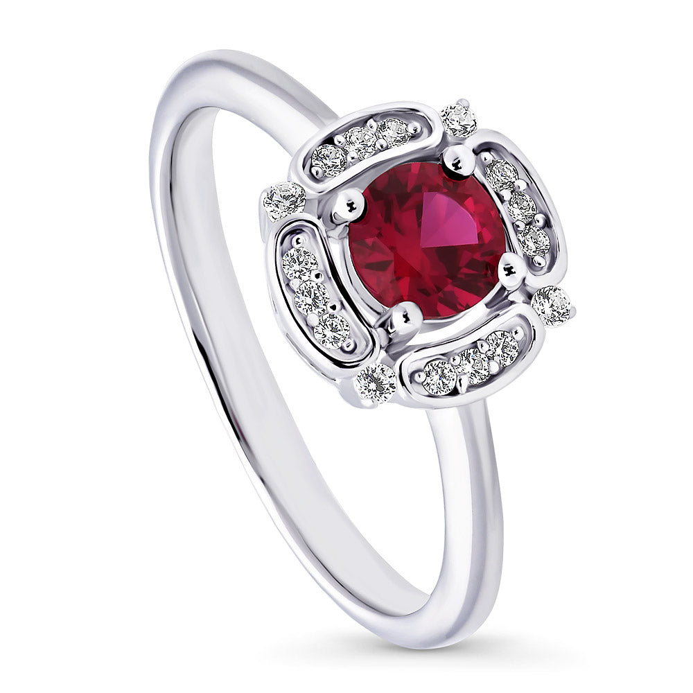 Halo Flower Ruby-Red CZ Ring in Sterling Silver