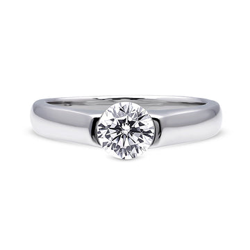 Solitaire 0.8ct Half Bezel Set Round CZ Ring in Sterling Silver