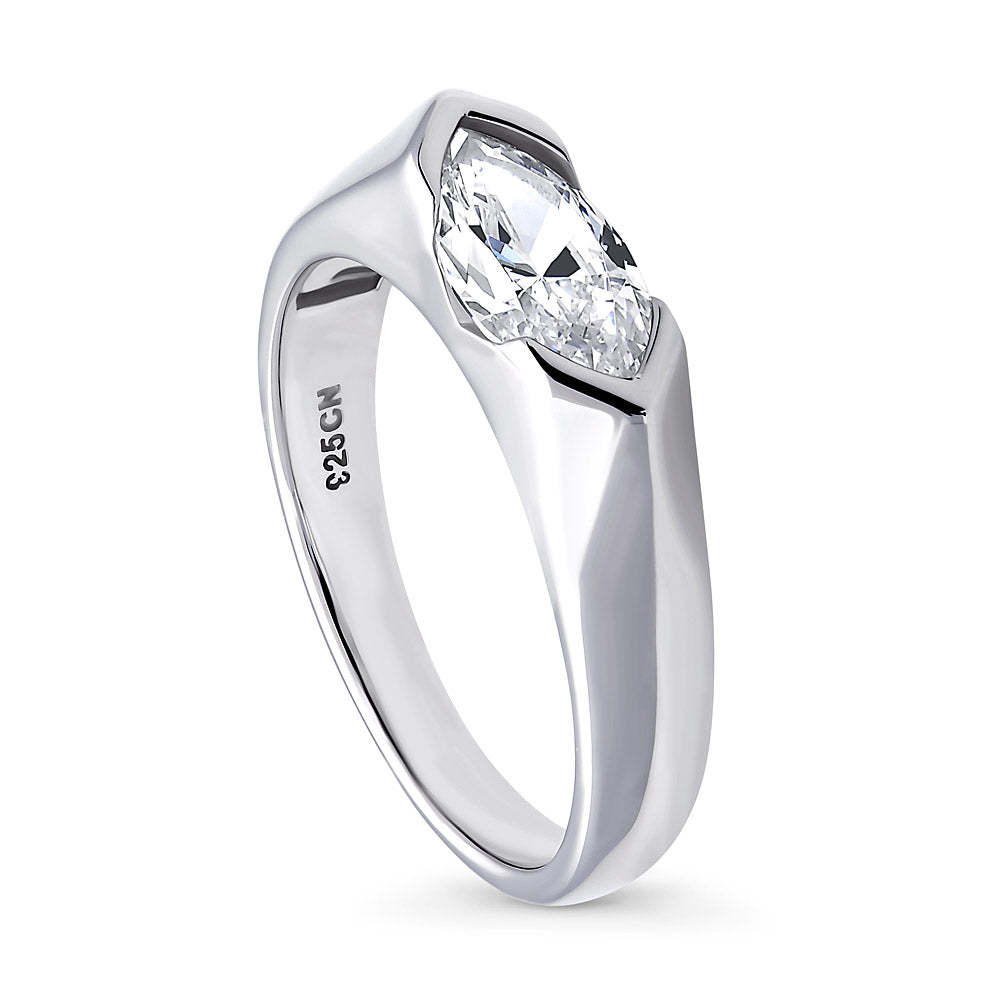 East-West Solitaire Half Bezel Set CZ Ring in Sterling Silver, front view