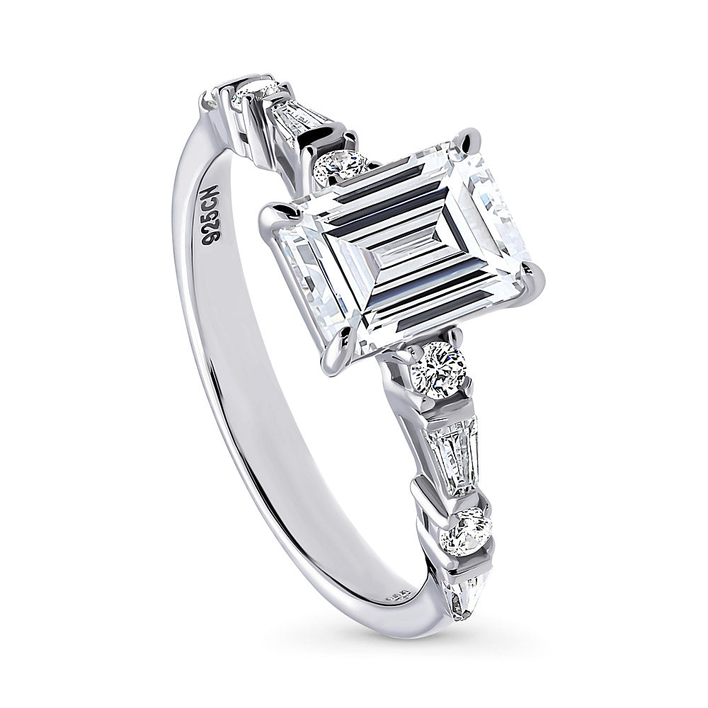 Solitaire Art Deco 1.7ct Step Emerald Cut CZ Ring in Sterling Silver, front view