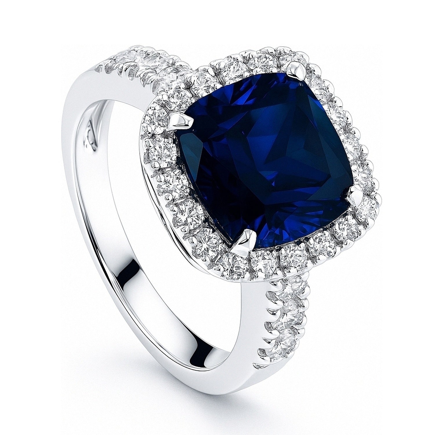 Halo Sapphire-Blue Cushion CZ Ring in Sterling Silver