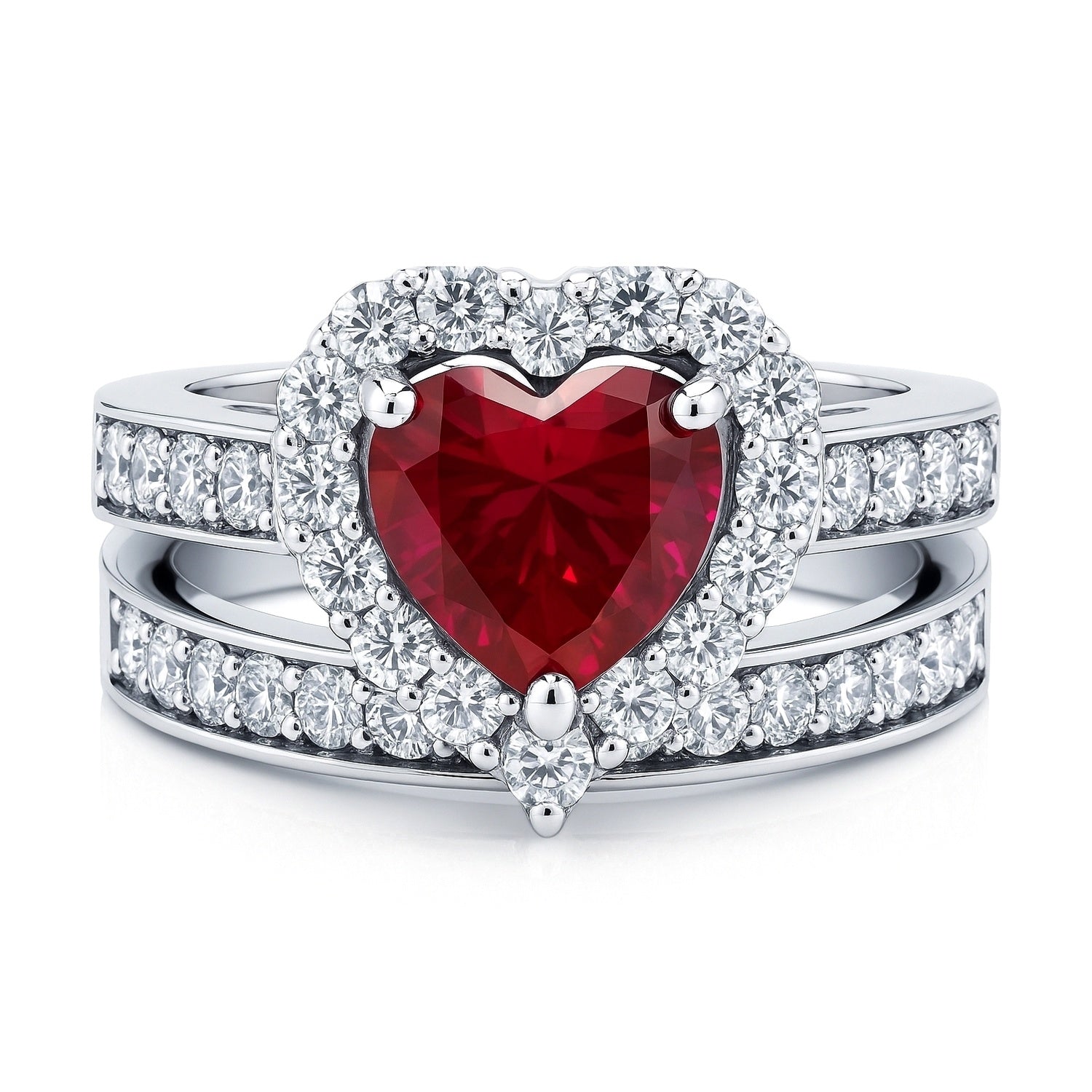Sterling Silver Halo Heart Heart CZ Engagement Ring Set #R608-RB