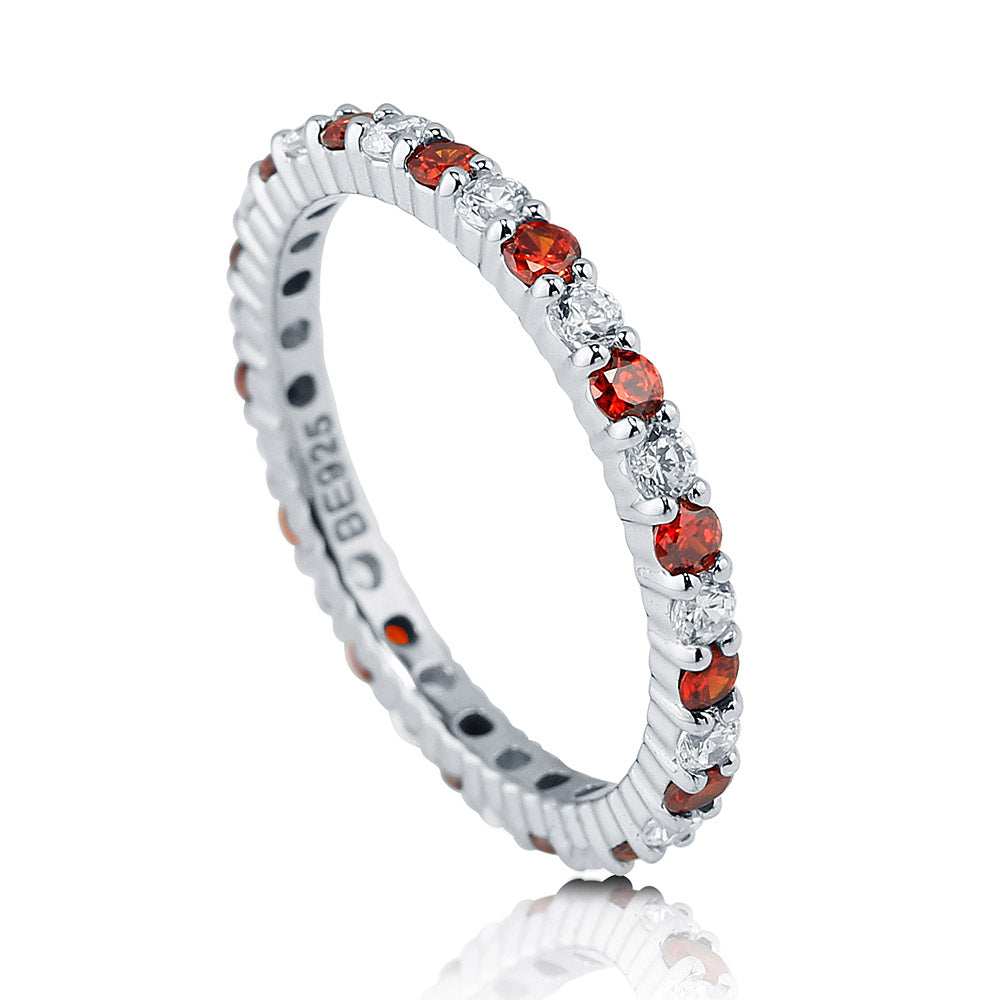 Simulated Garnet Pave Set CZ Stackable Eternity Ring in Sterling Silver, front view