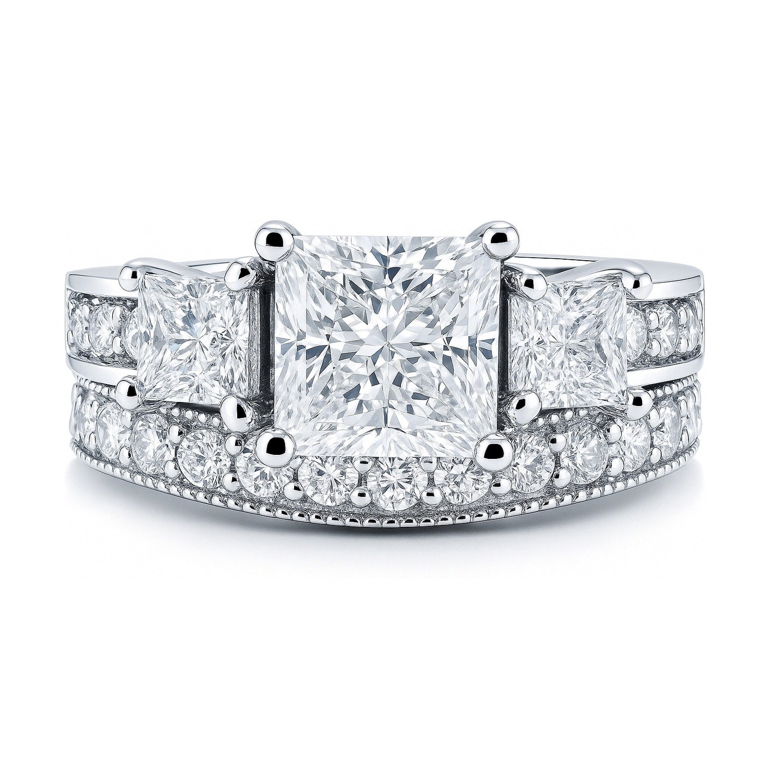 3-Stone 2ct Princess CZ Ring Set in Sterling Silver