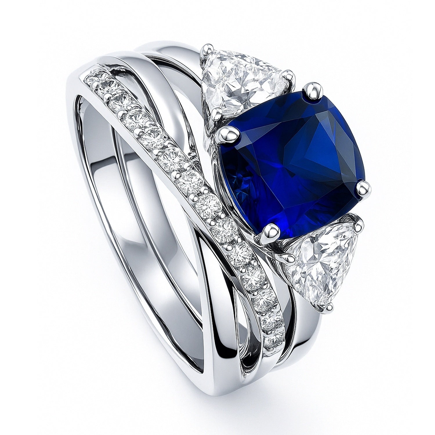 3-Stone Criss Cross Sapphire-Blue CZ Ring Set in Sterling Silver