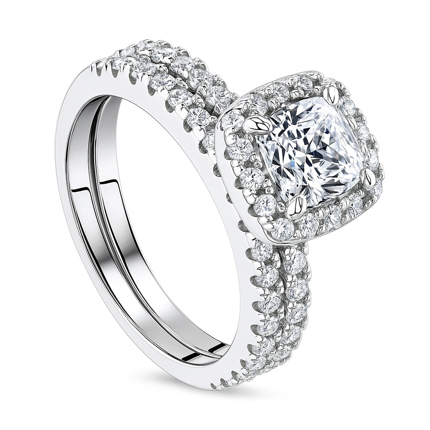 Halo Cushion CZ Ring Set in Sterling Silver