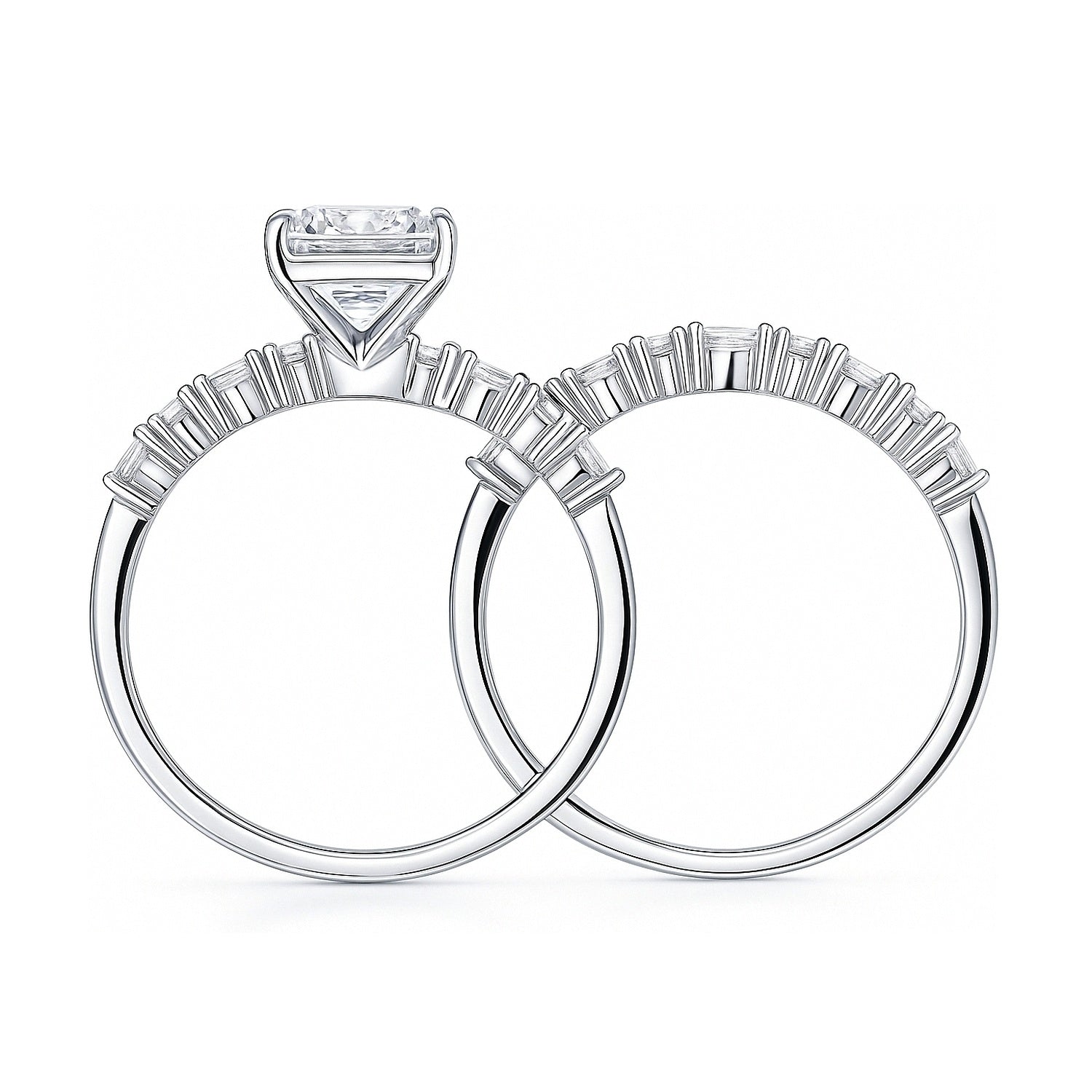 Solitaire Art Deco Emerald Cut CZ Ring Set in Sterling Silver