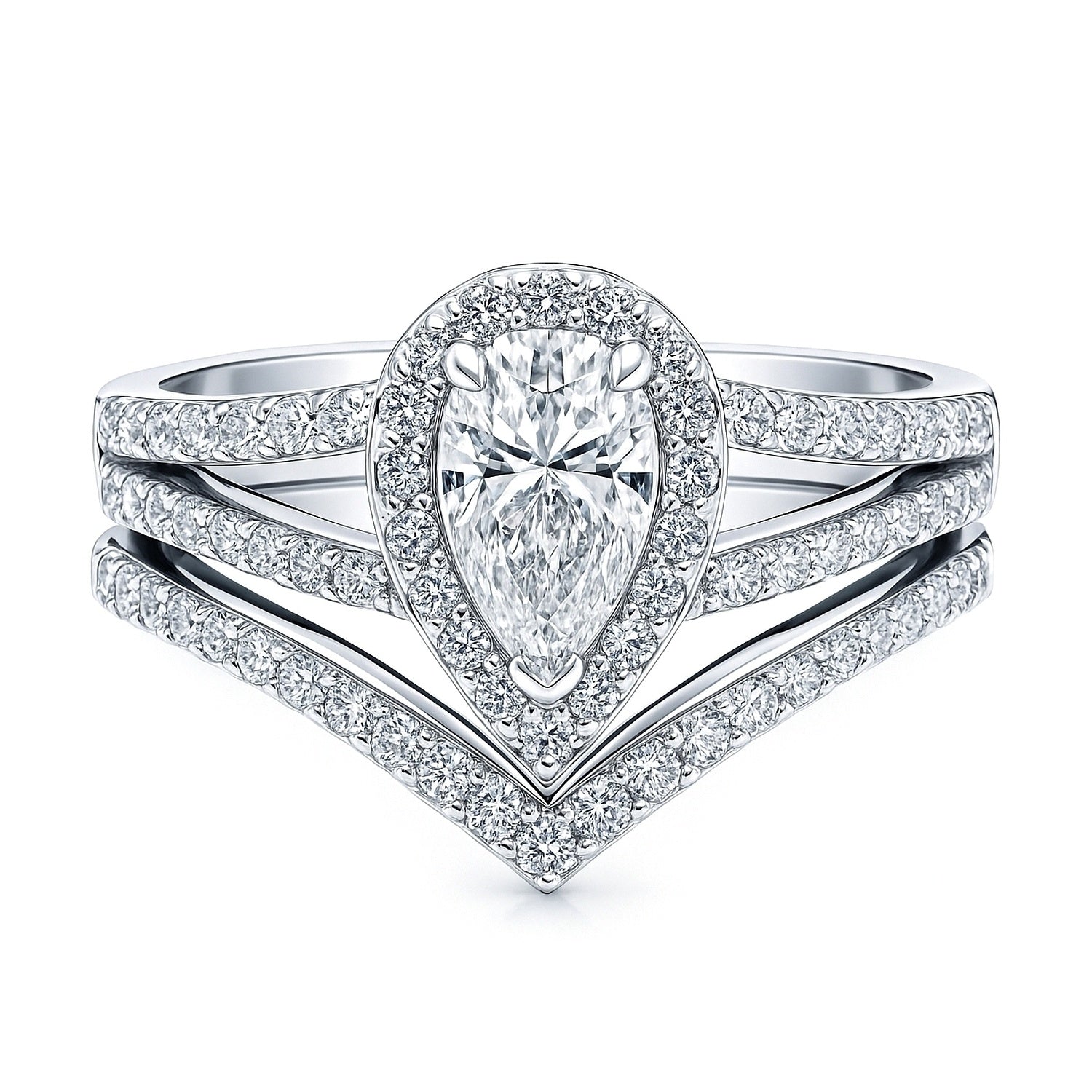 Halo Wishbone Pear CZ Split Shank Ring Set in Sterling Silver