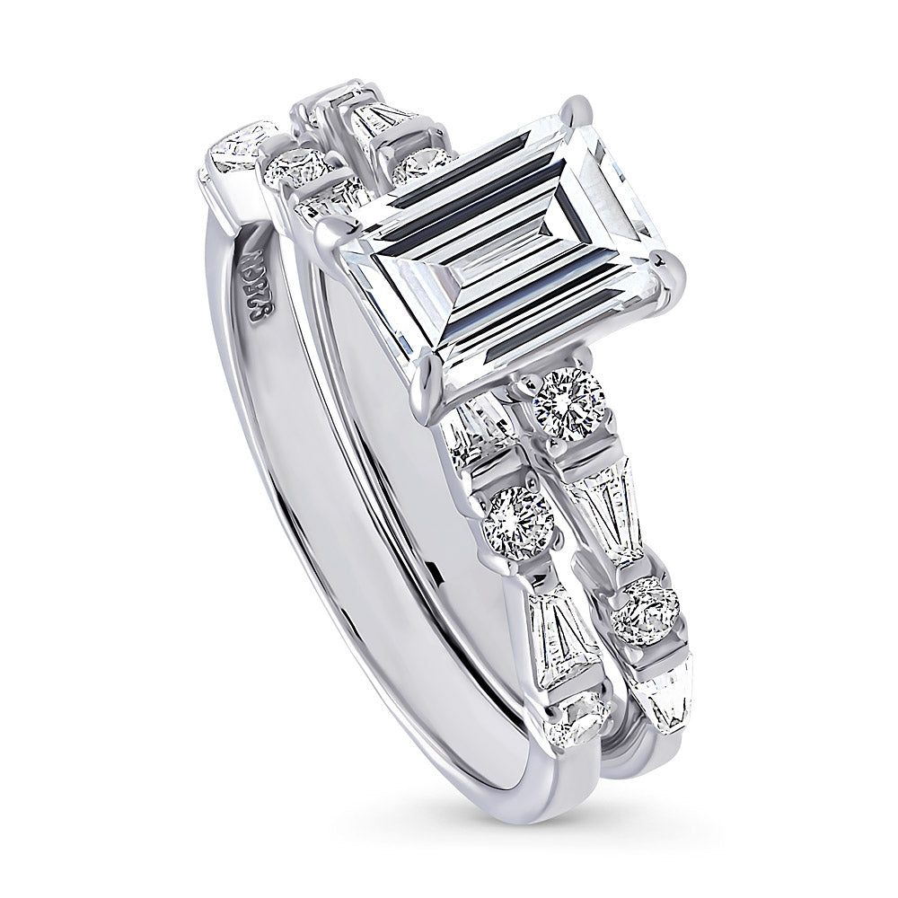 Solitaire 1.7ct Step Emerald Cut CZ Ring Set in Sterling Silver, front view