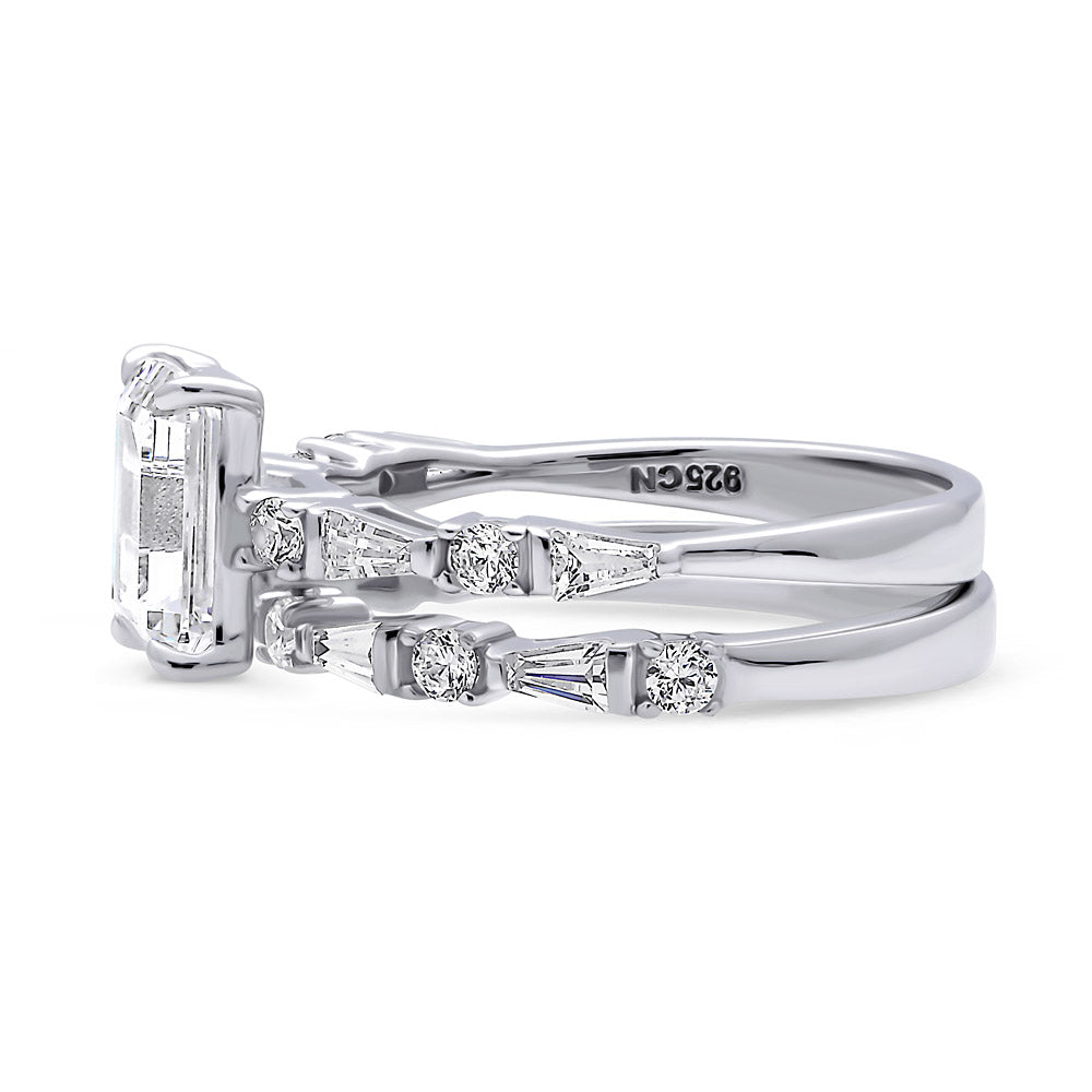 Solitaire Art Deco Emerald Cut CZ Ring Set in Sterling Silver