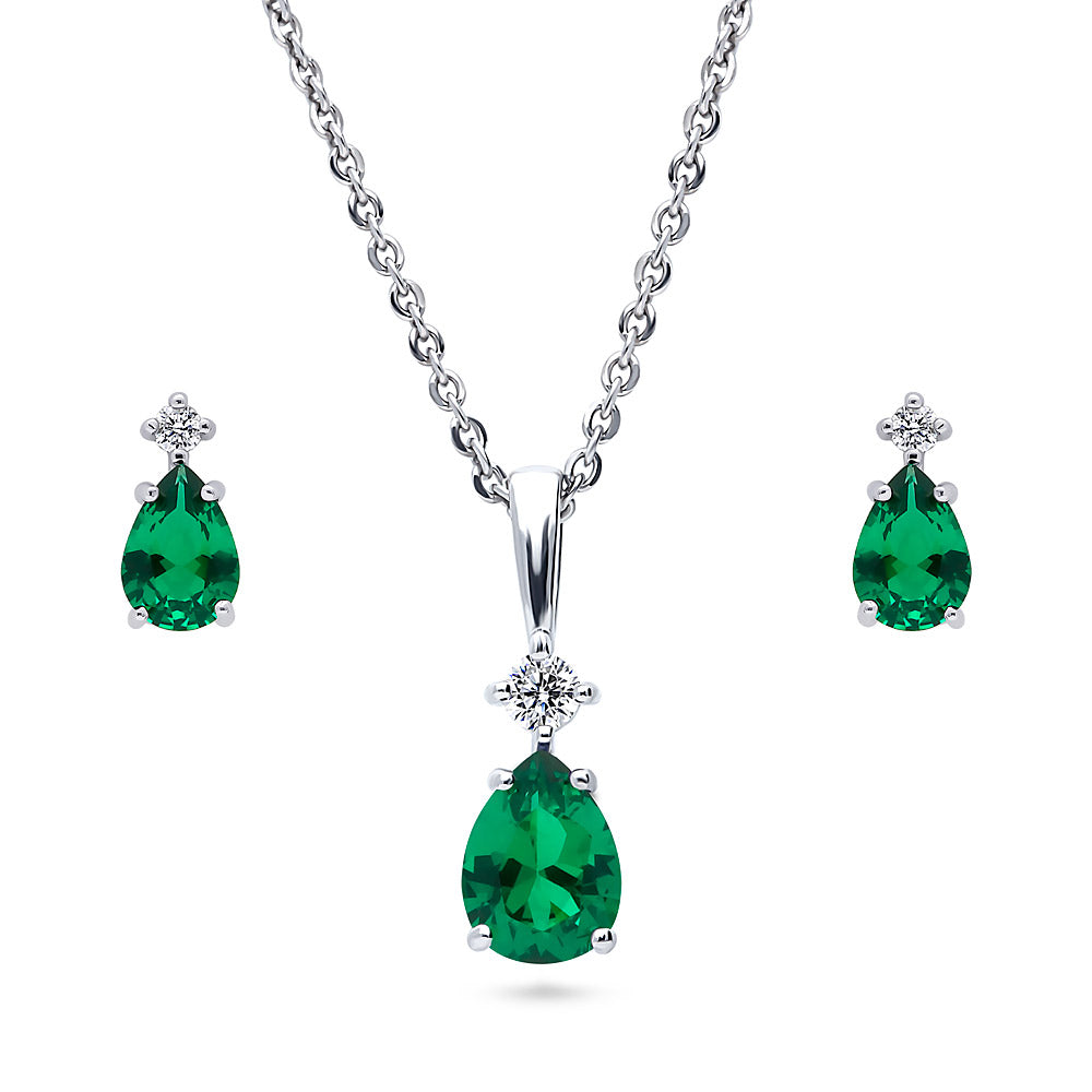 Solitaire 2-Stone 1ct Pear CZ Set in Sterling Silver, Green Color