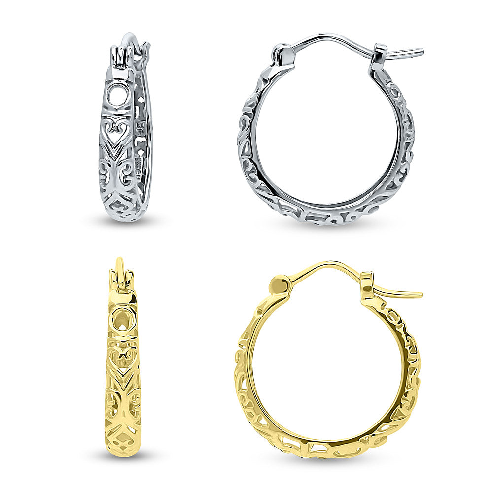 Filigree Hoop Earrings in Gold Flashed Sterling Silver, 2 Pairs
