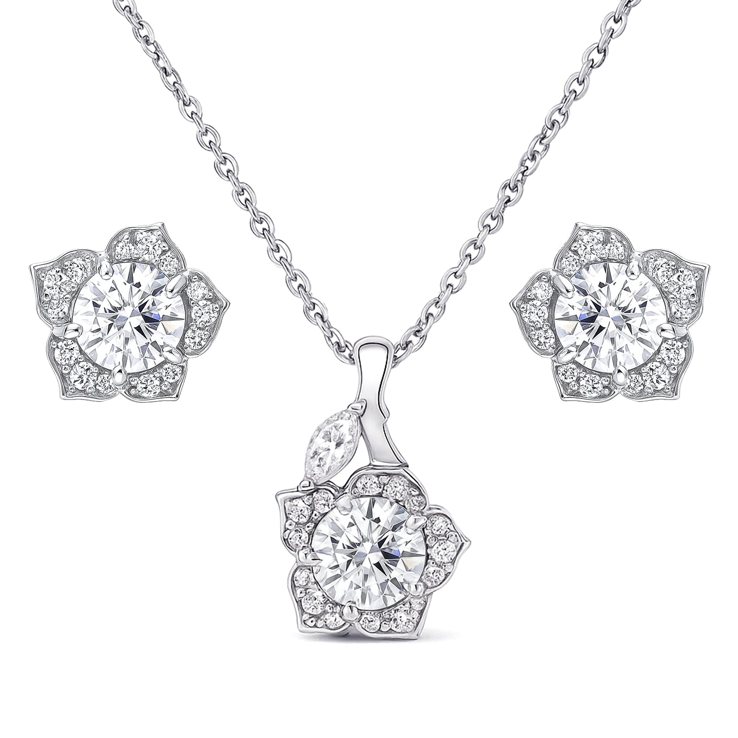 Flower Halo CZ Necklace and Earrings in Sterling Silver