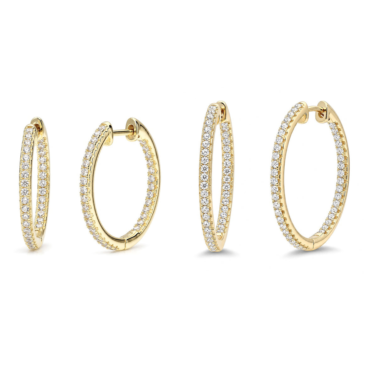 CZ Hoop Earrings in Gold Flashed Sterling Silver 0.9-1", 2 Pairs