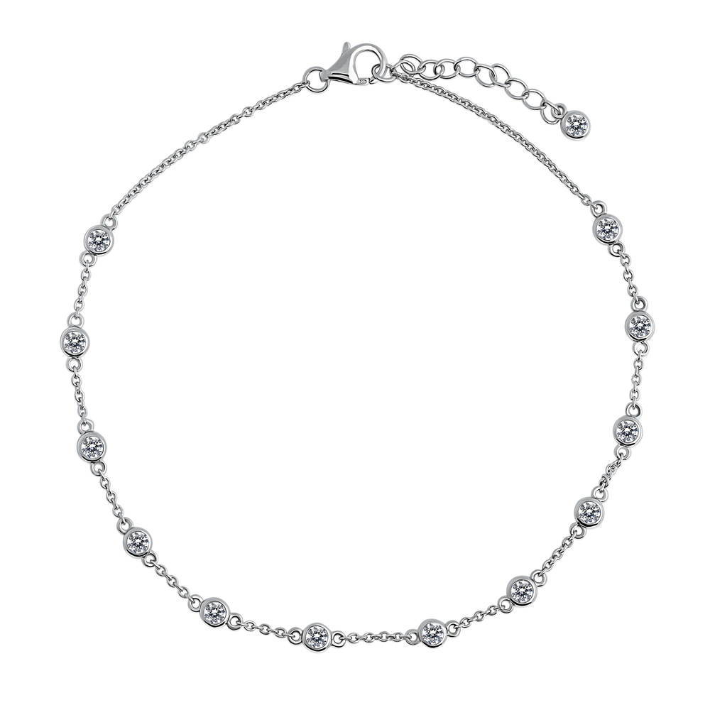 Station CZ Rolo Chain Station Anklet in Sterling Silver
