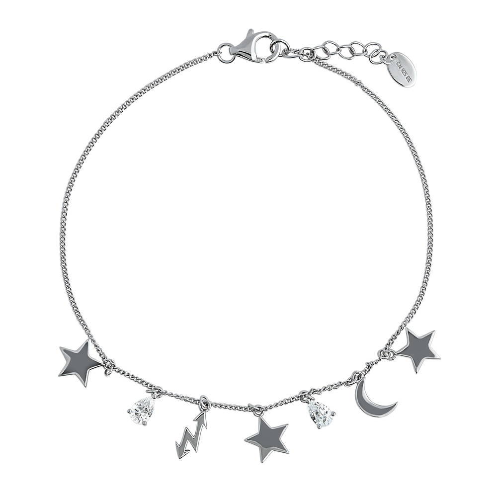 Star Crescent Moon CZ Rolo Chain Charm Anklet in Sterling Silver