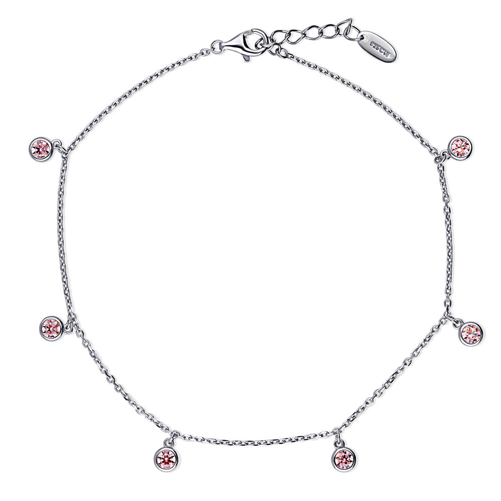 CZ Cable Chain Charm Anklet in Sterling Silver, Morganite