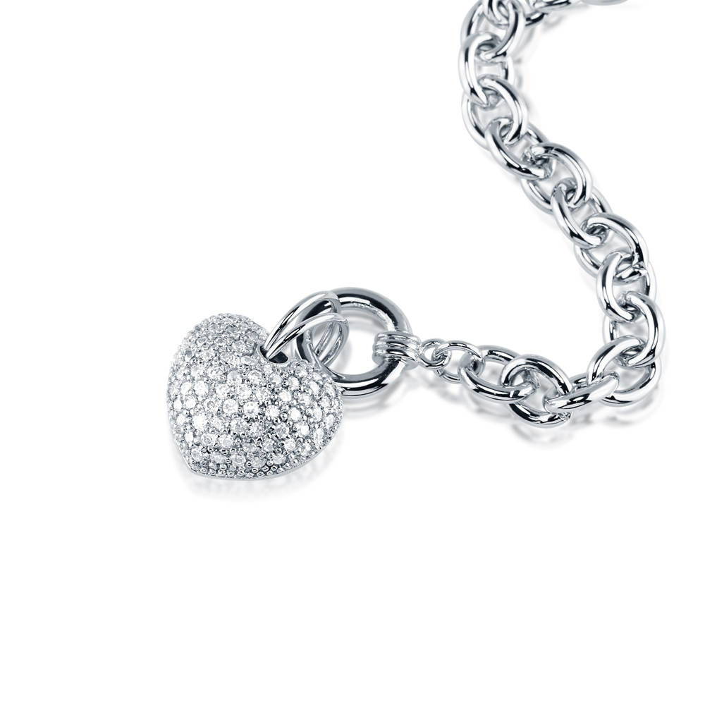 Angle view of Heart CZ Necklace Earrings and Bracelet Set in Silver-Tone