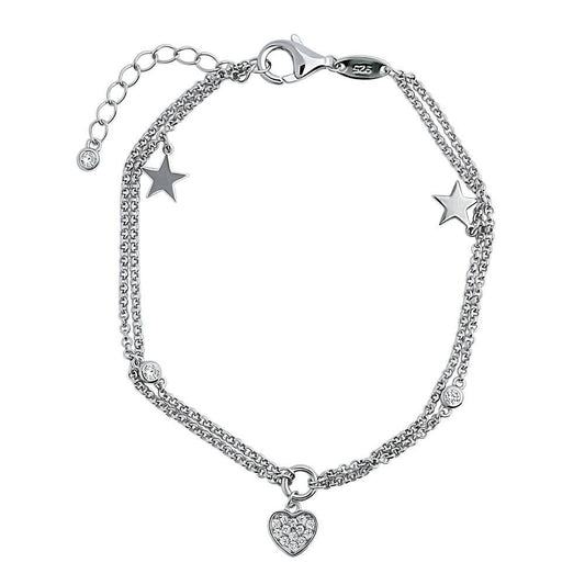 Star Heart CZ Charm Bracelet in Sterling Silver