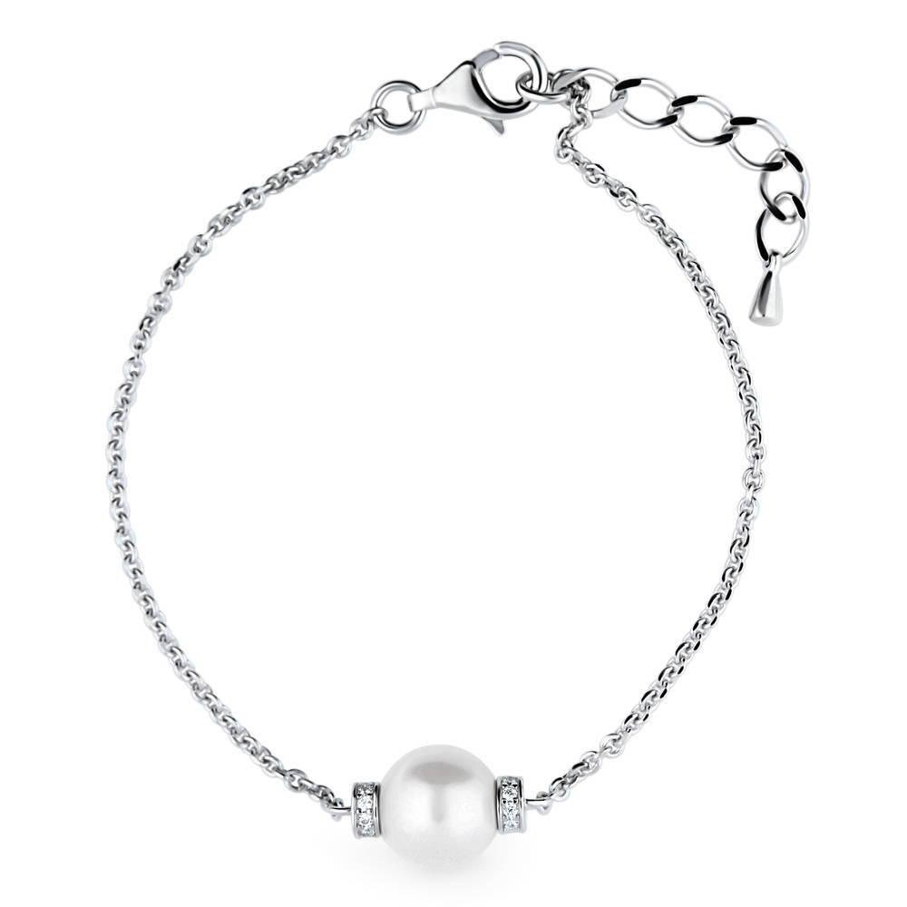 Solitaire White Round Cultured Pearl Chain Bracelet in Sterling Silver, 1 of 2