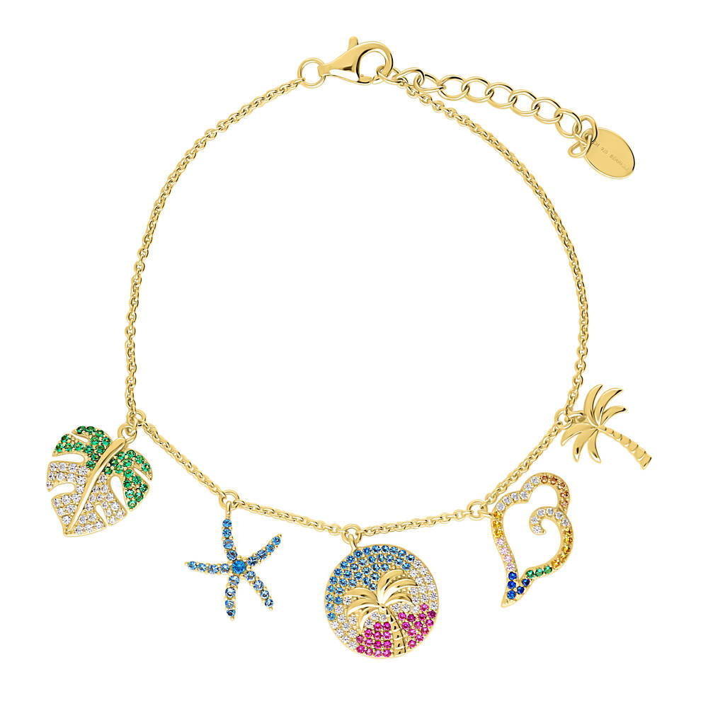 Starfish Palm Tree CZ Charm Bracelet in Gold Flashed Sterling Silver