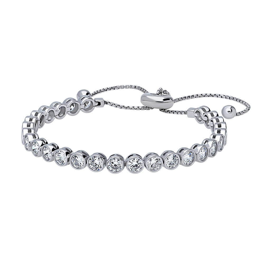 Front view of Bubble Bar Bezel Set CZ Statement Tennis Bracelet in Sterling Silver