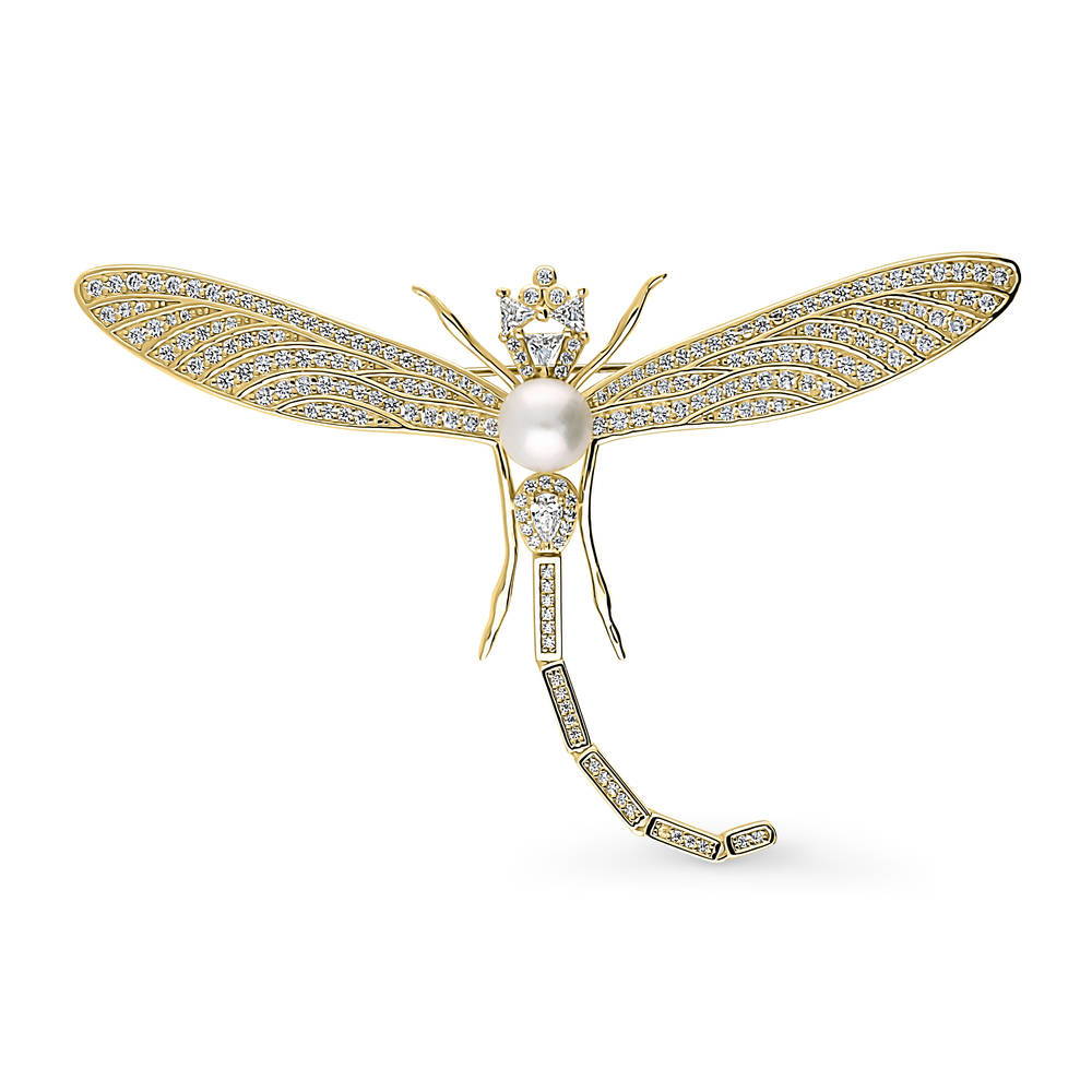 Front view of Dragonfly White Button Freshwater Cultured Pearl Pin in Sterling Silver