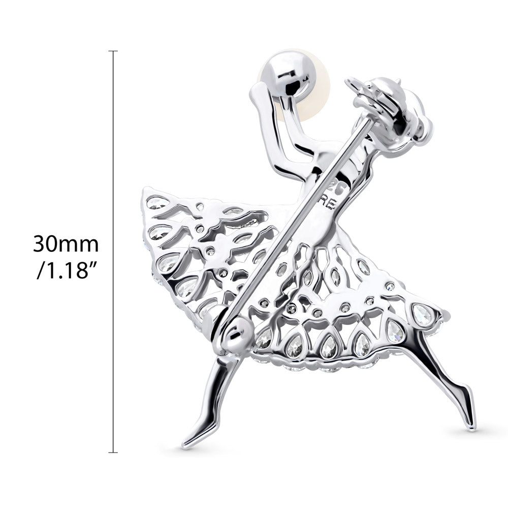 Front view of Dancing Girl White Button Cultured Pearl Pin in Sterling Silver