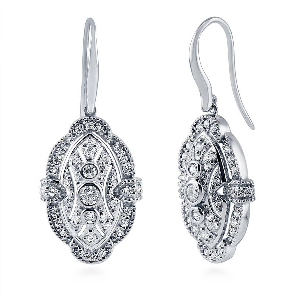 Art Deco Milgrain CZ Fish Hook Dangle Earrings in Sterling Silver