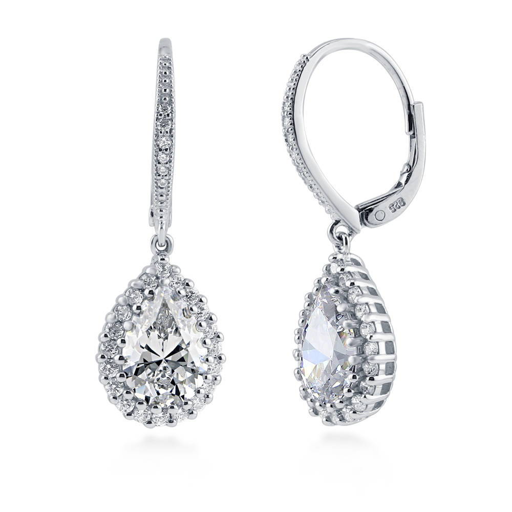 Halo Pear CZ Leverback Dangle Earrings in Sterling Silver