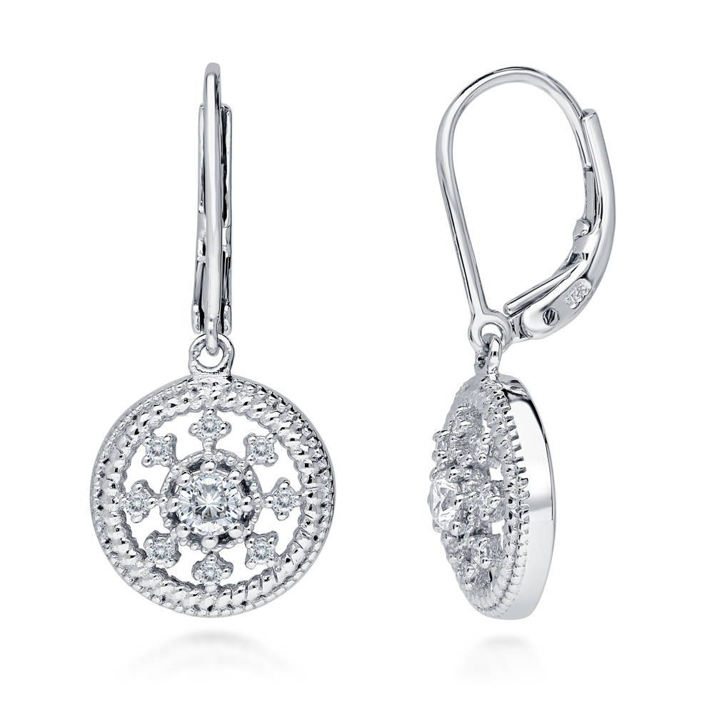 Medallion Art Deco CZ Leverback Dangle Earrings in Sterling Silver