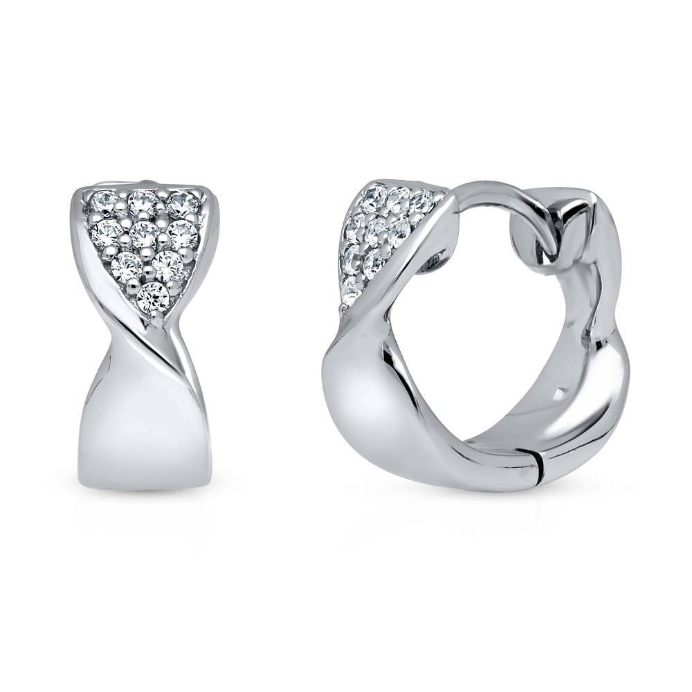 Ribbon CZ Small Huggie Earrings in Sterling Silver 0.5 inch