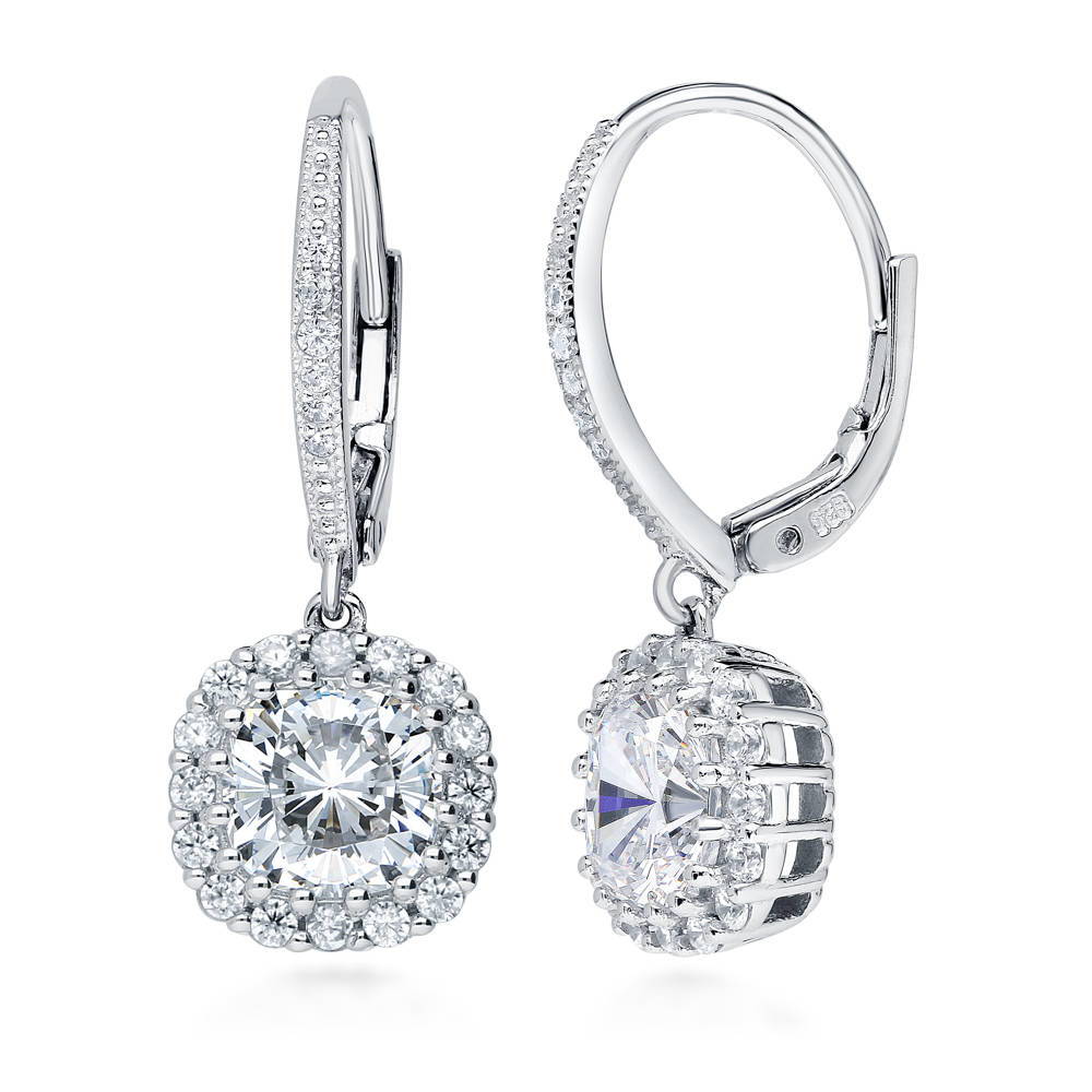 Halo Cushion CZ Leverback Dangle Earrings in Sterling Silver