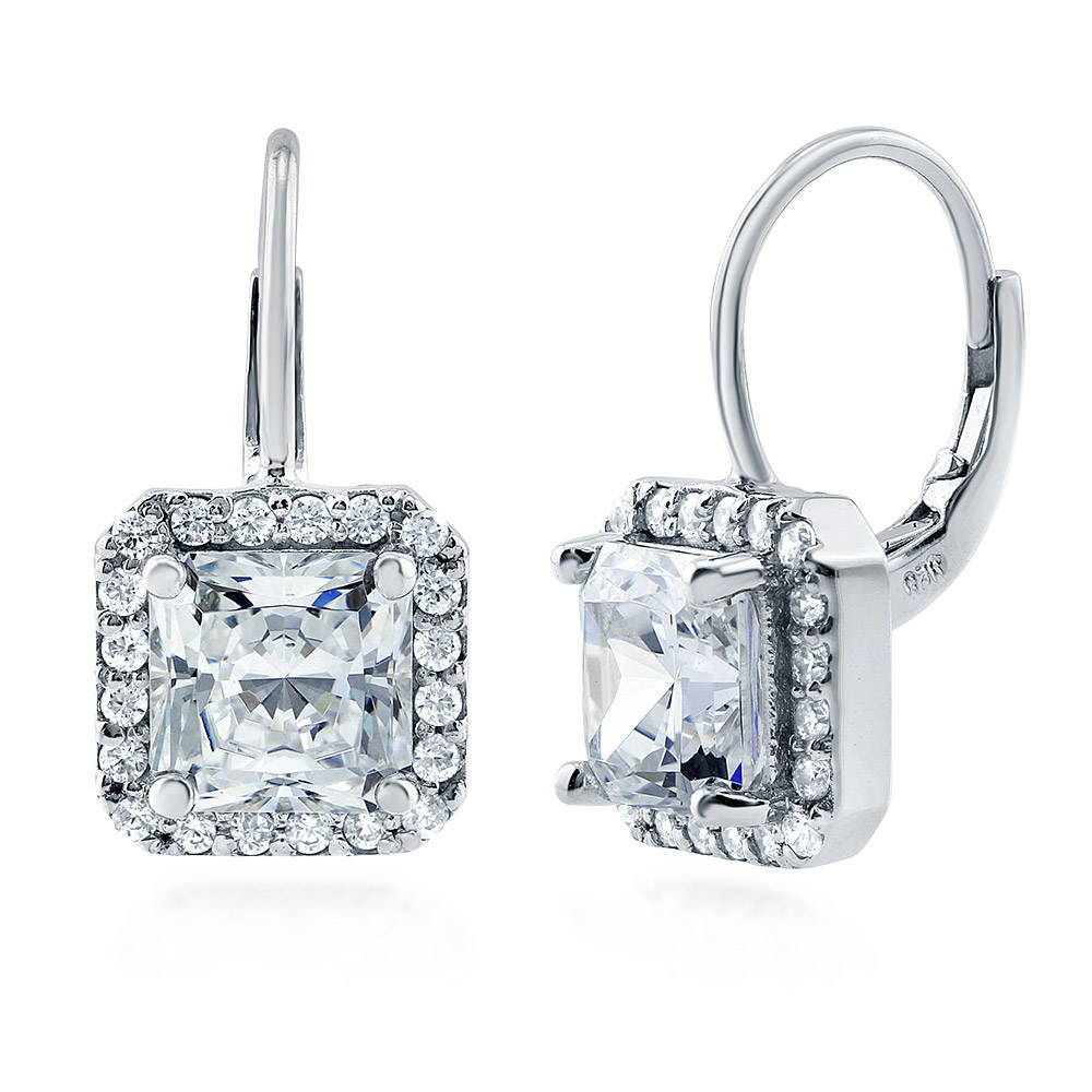 Halo Princess CZ Leverback Dangle Earrings in Sterling Silver