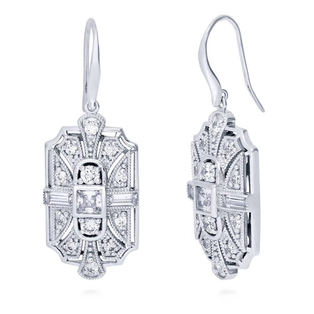 Art Deco Milgrain CZ Fish Hook Dangle Earrings in Sterling Silver