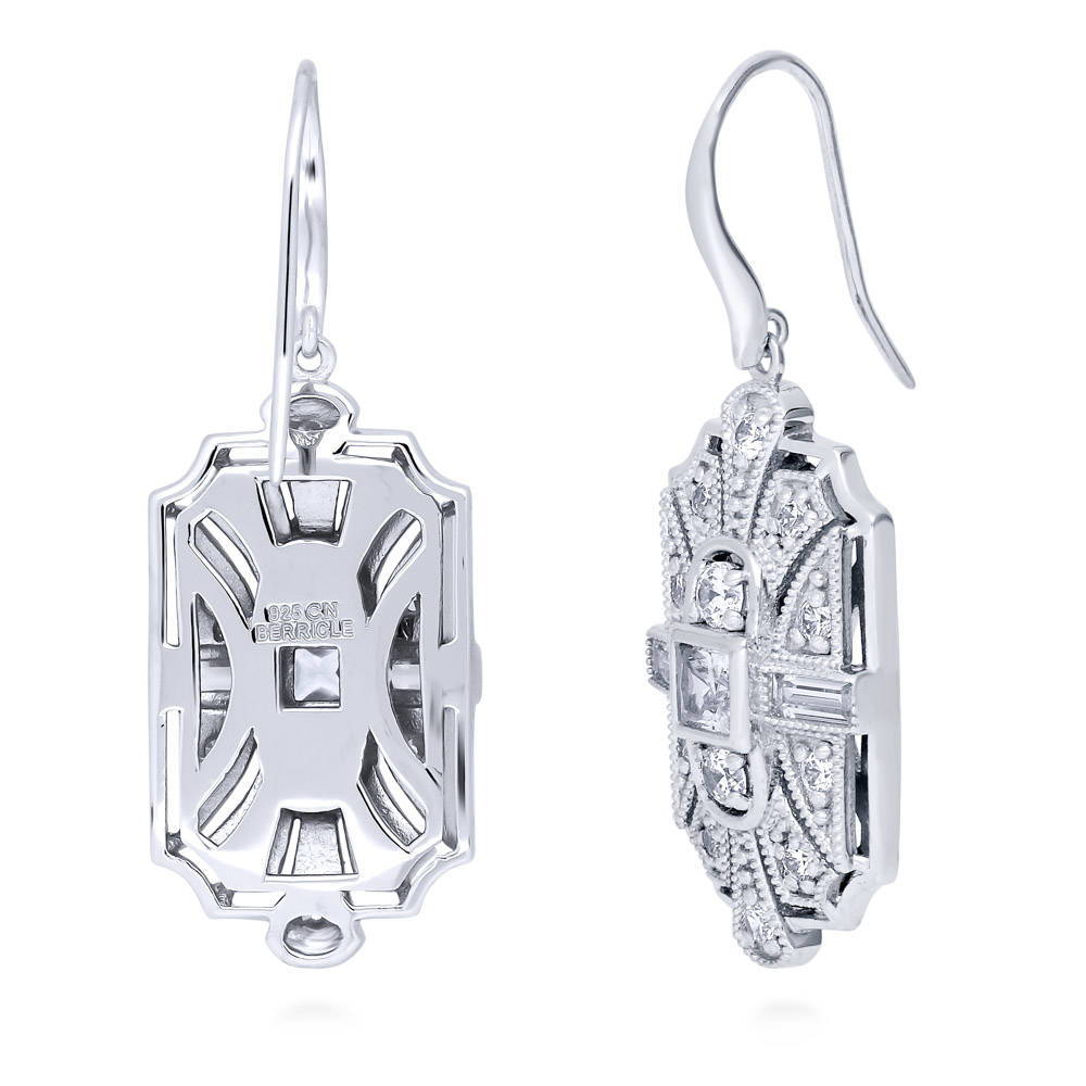 Front view of Art Deco Milgrain CZ Fish Hook Dangle Earrings in Sterling Silver